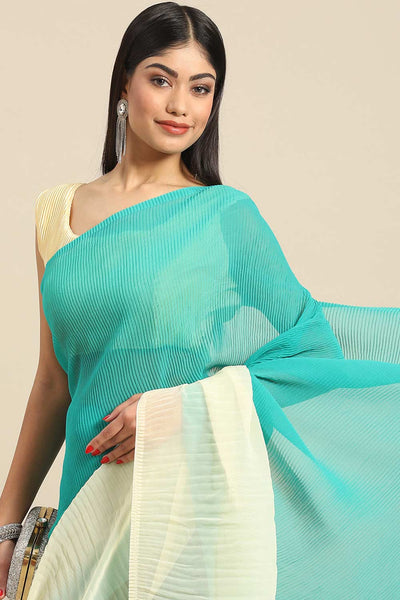 Buy Sea Green Crepe Pleated One Minute Saree Online - Front