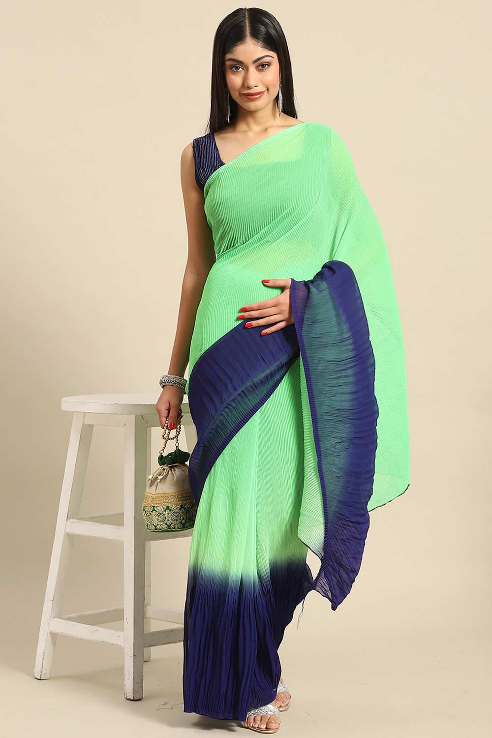 Buy Green Crepe Pleated One Minute Saree Online