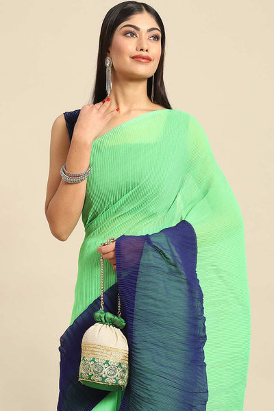 Buy Green Crepe Pleated One Minute Saree Online - Front
