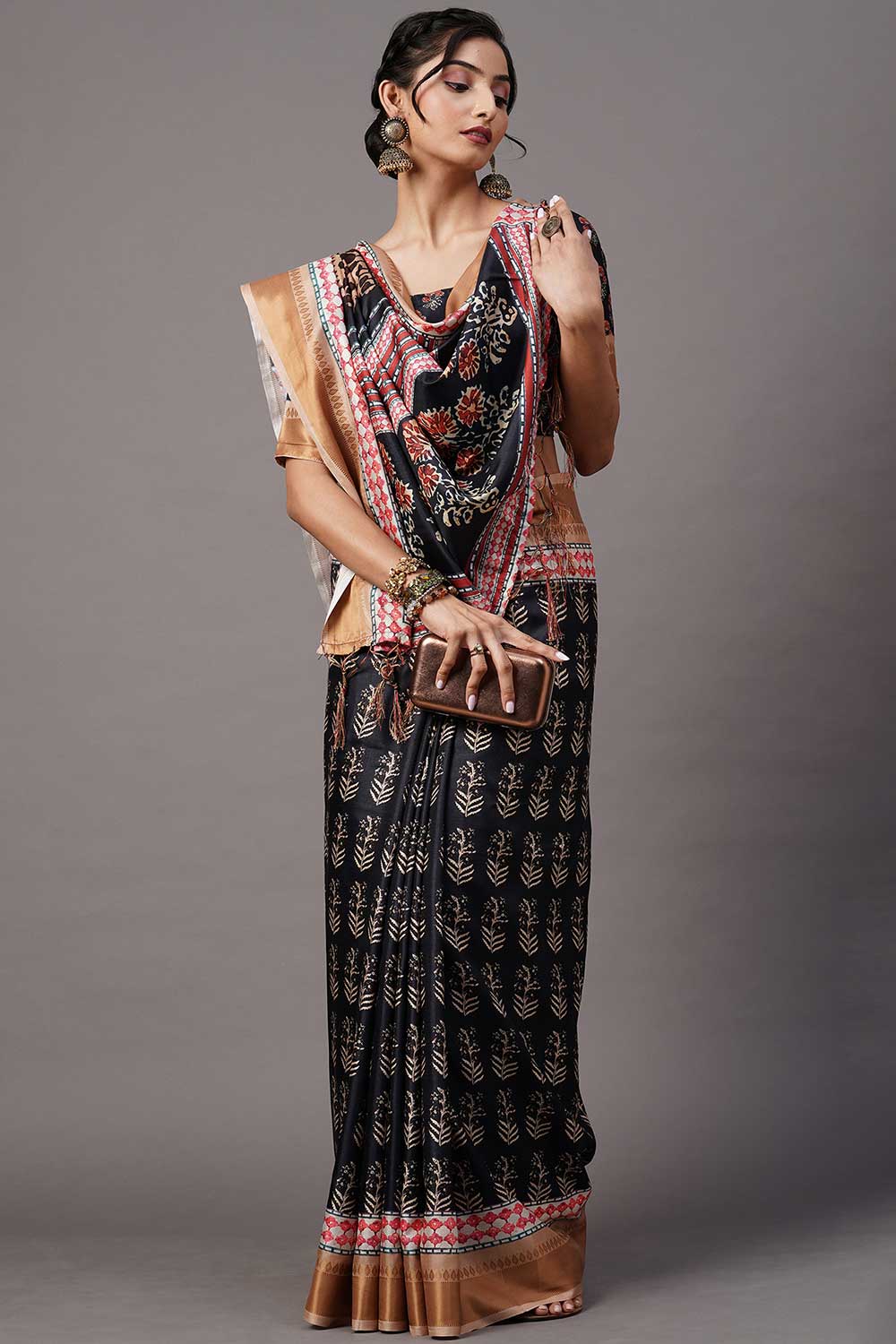 Buy Silk Blend Ikat Saree in Black Online