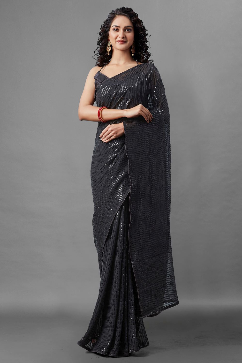 Buy Women's Georgette Sequins Embroidery Saree in Black