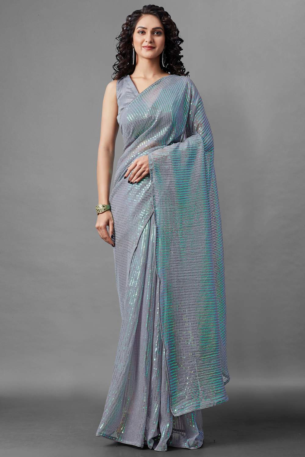 Buy Women's Georgette Sequins Embroidery Saree in Grey