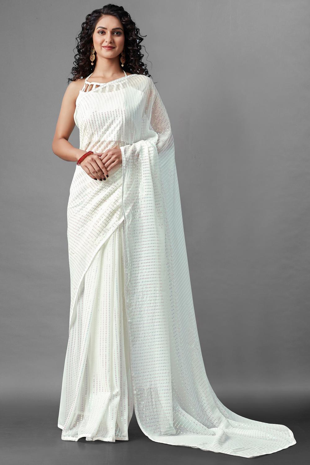 Buy Women's Georgette Sequins Embroidery Saree in White