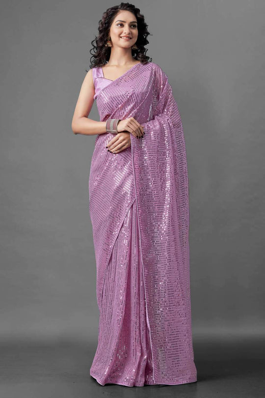 Buy Women's Georgette Sequins Embroidery Saree in Magenta