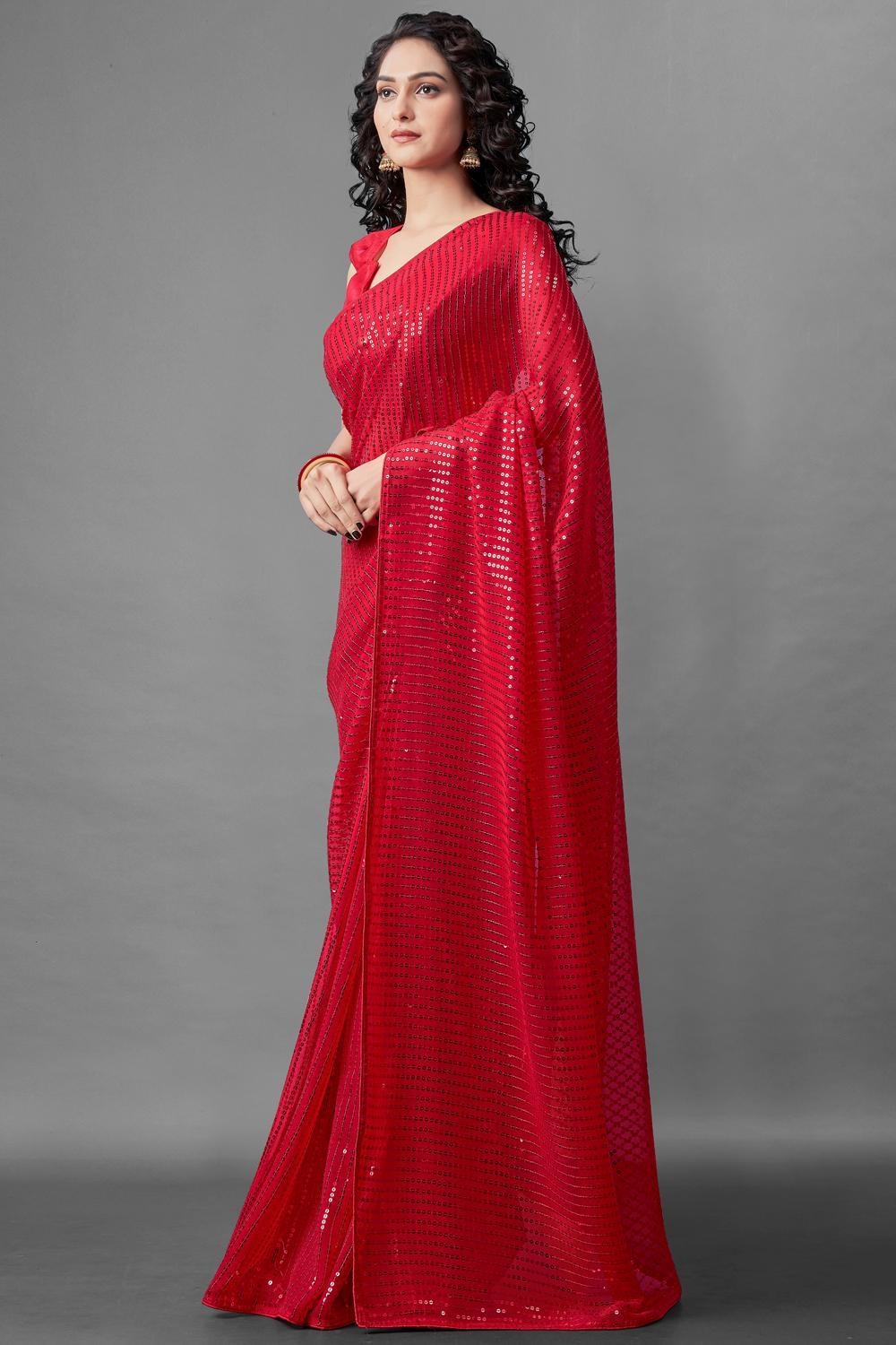 Buy Women's Georgette Sequins Embroidery Saree in Red