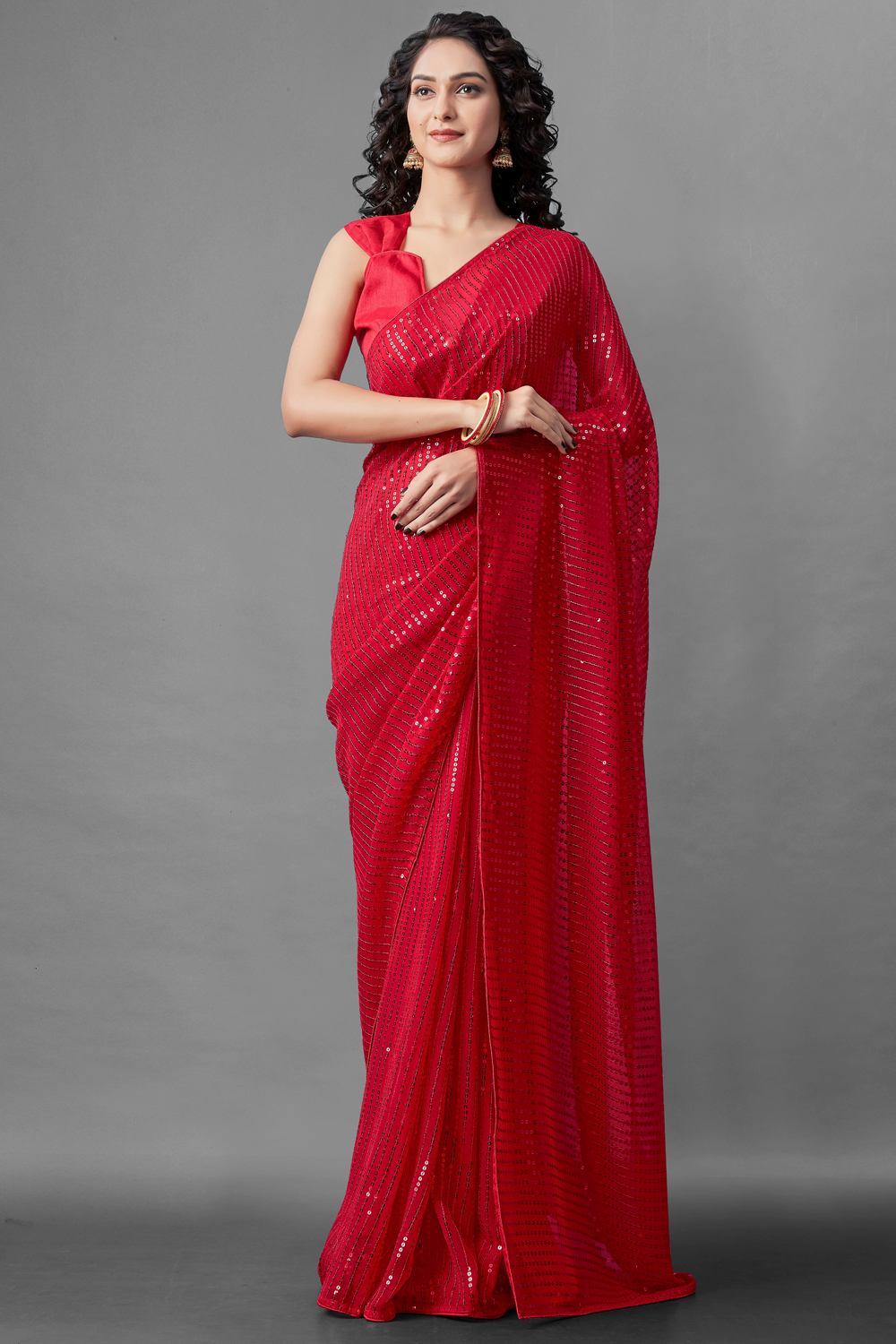 Buy Women's Georgette Sequins Embroidery Saree in Red