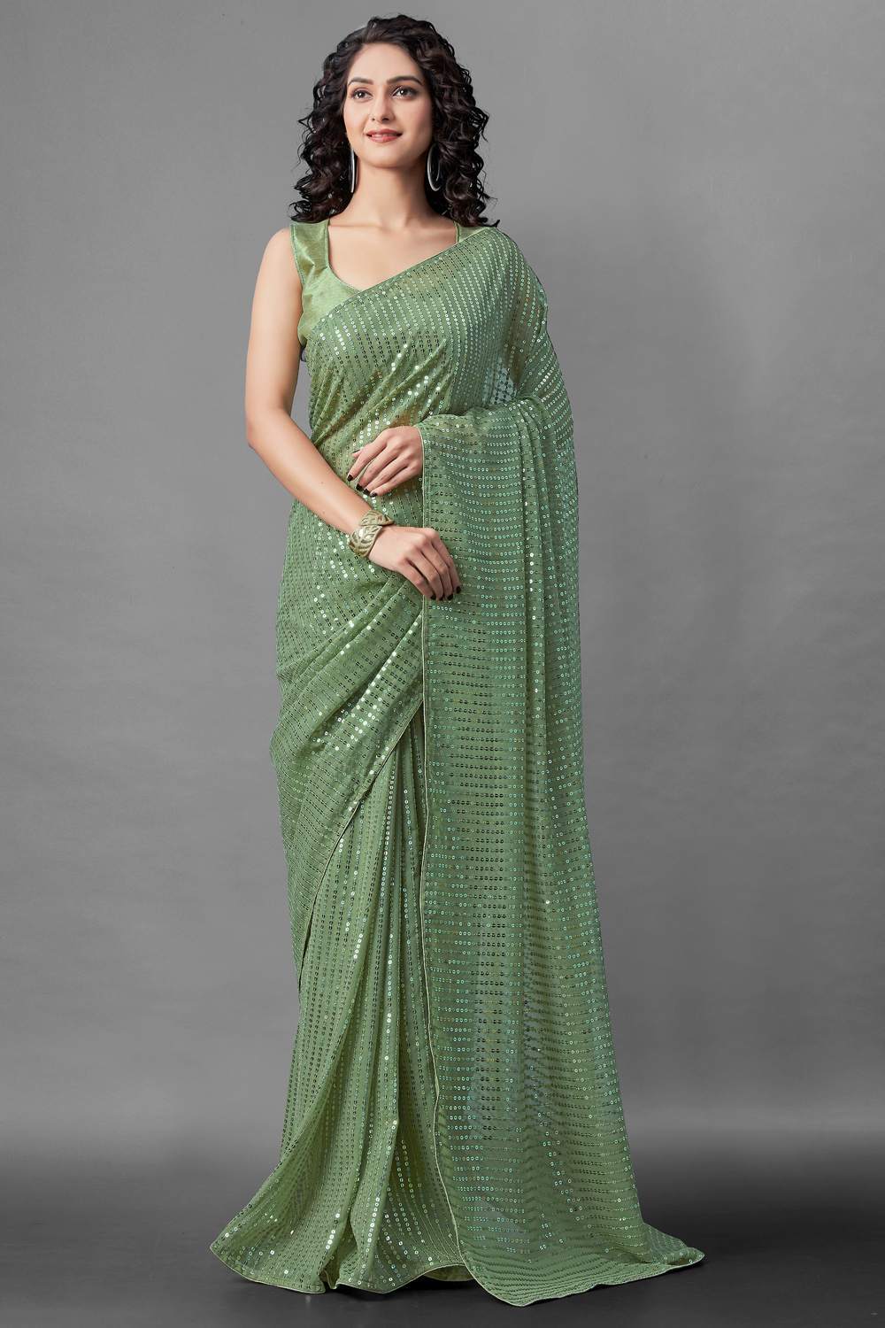 Buy Women's Georgette Sequins Embroidery Saree in Pastel Green