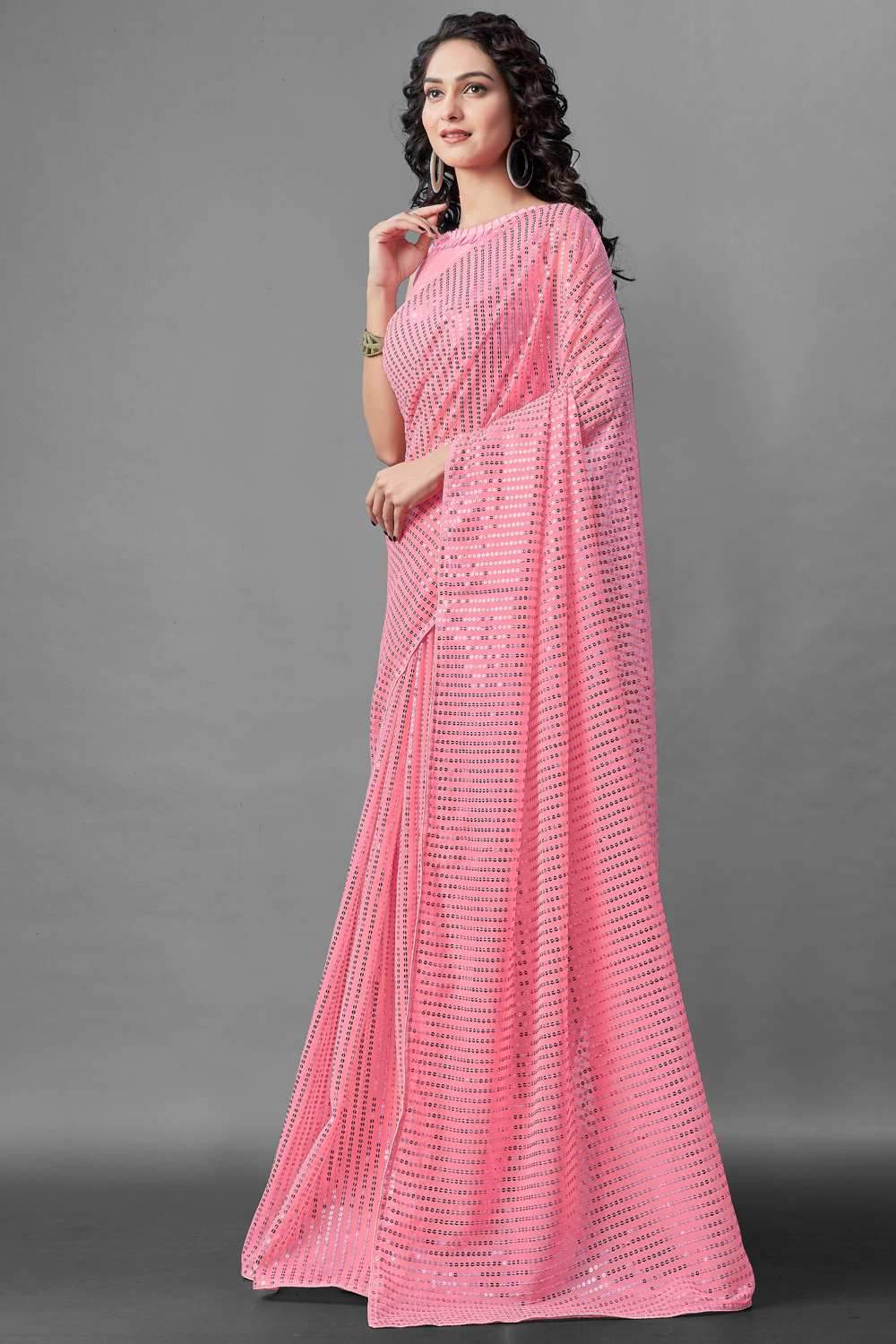 Buy Women's Georgette Sequins Embroidery Saree in Pink