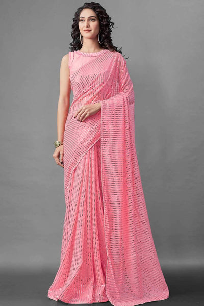 Buy Women's Georgette Sequins Embroidery Saree in Pink