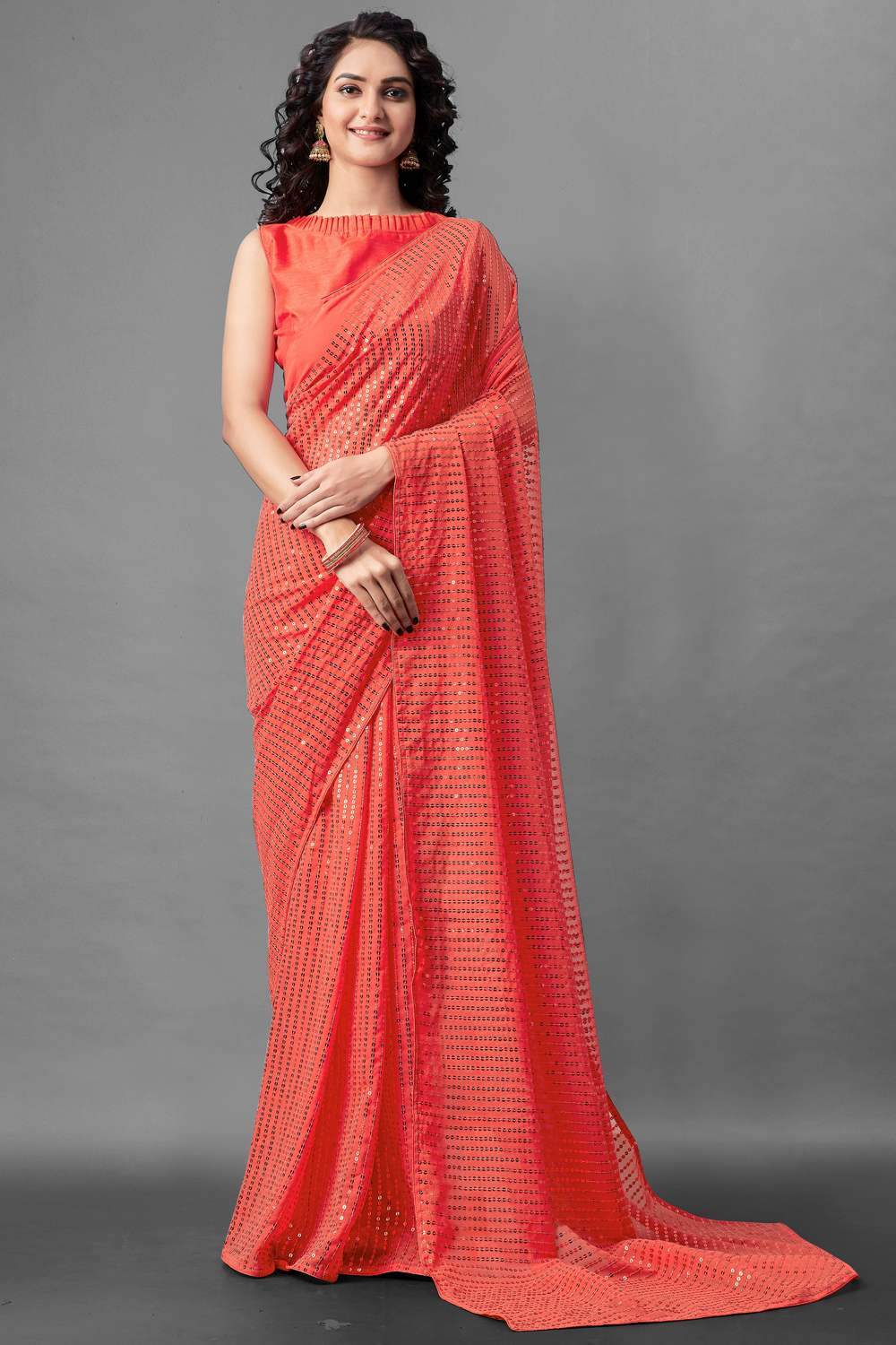 Buy Women's Georgette Sequins Embroidery Saree in Tomato Red