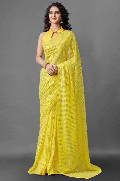 Buy Women's Georgette Sequins Embroidery Saree in Yellow