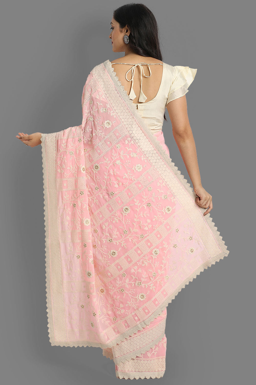 Silia Pink Faux Georgette Embroidered One Minute Saree