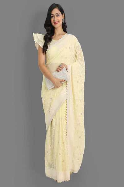Buy Faux Georgette Embroidered Saree in Yellow