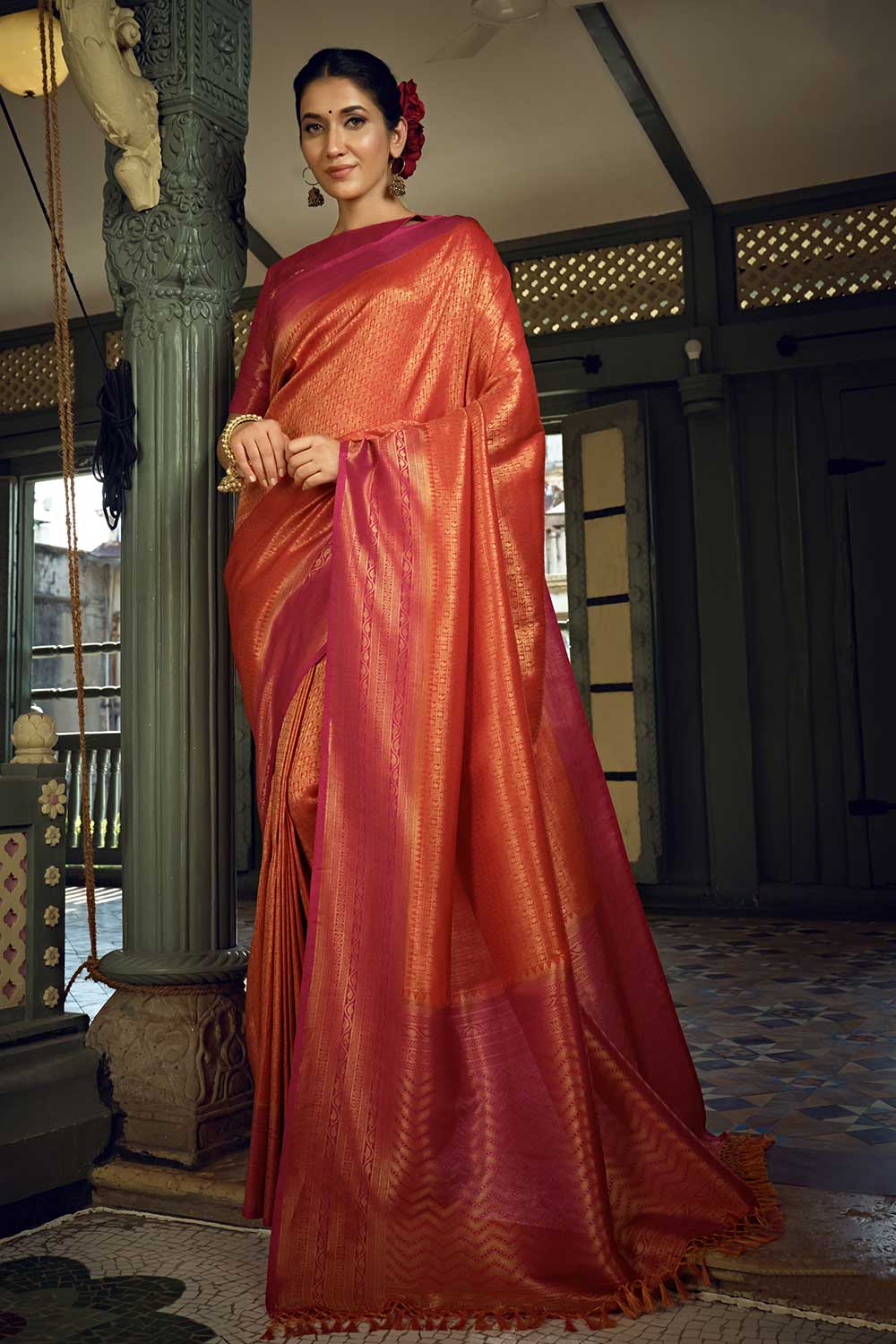 Buy Art Silk Woven Saree in Red
