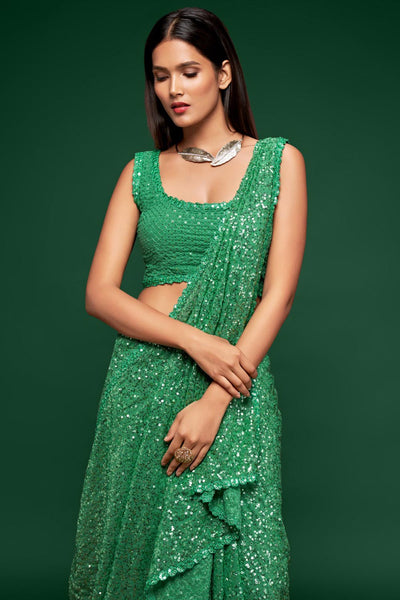 Buy Faux Georgette Saree in Green
