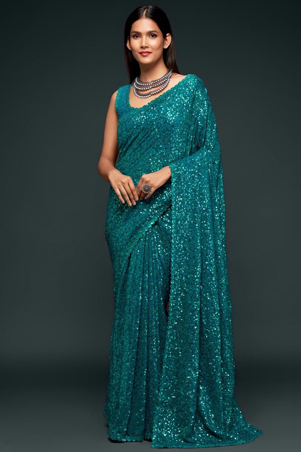 Buy Hailey Teal Blue Sequin Embroidery Faux Georgette One Minute Saree ...