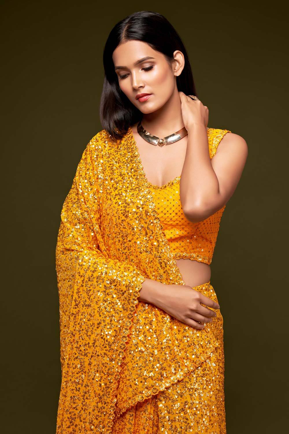 Buy Faux Georgette Saree in Yellow