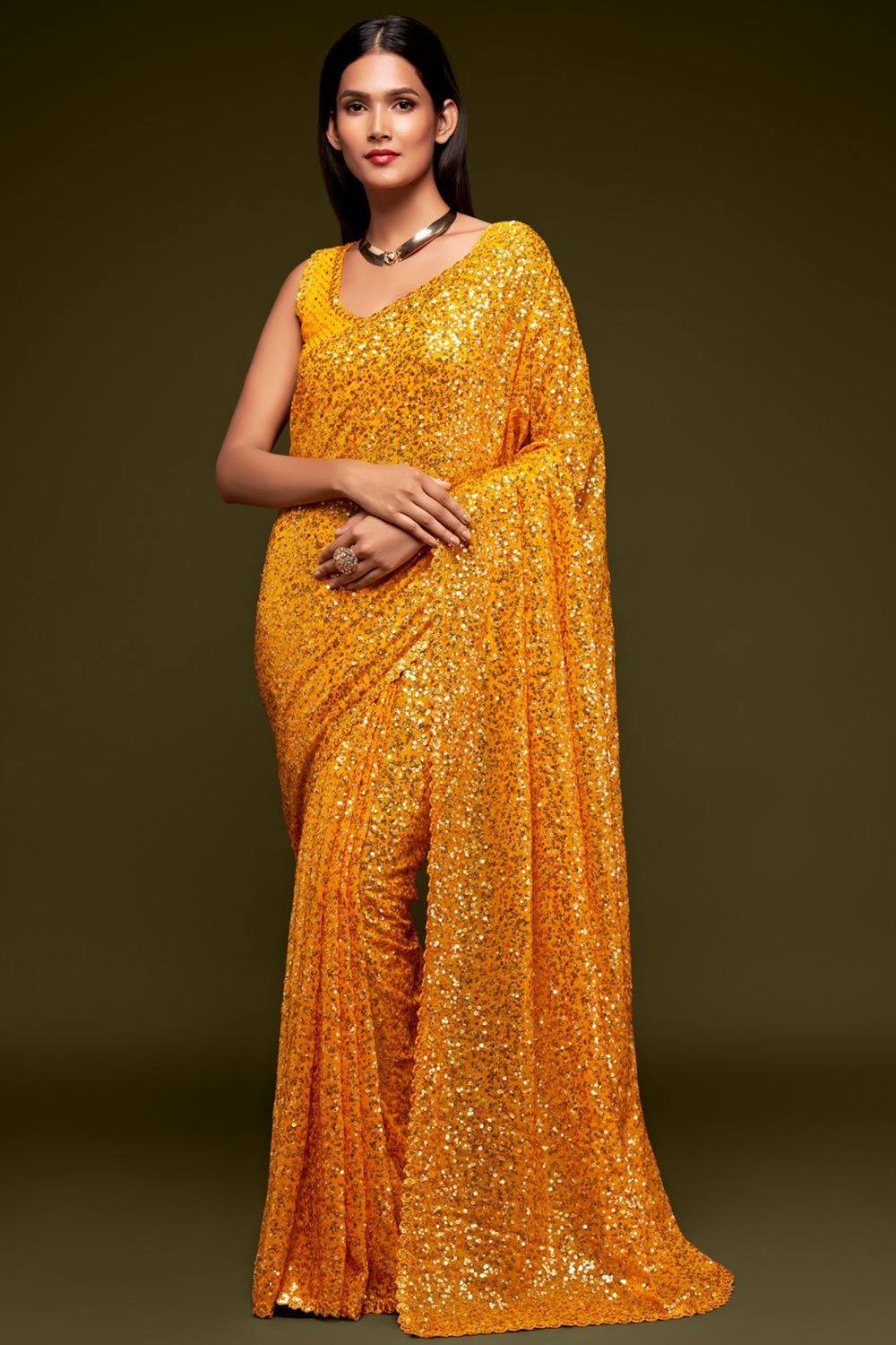 Buy Faux Georgette Sequance Saree in Yellow