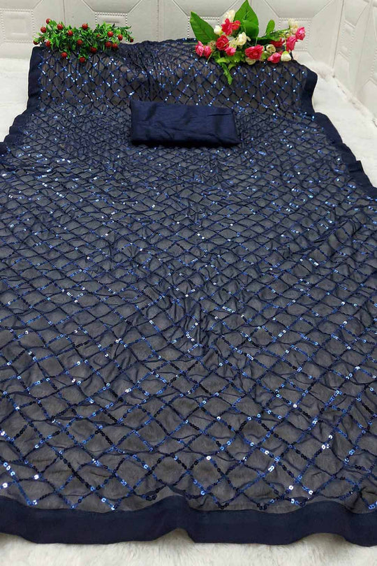 Huda Blue Georgette Sequin One Minute Saree