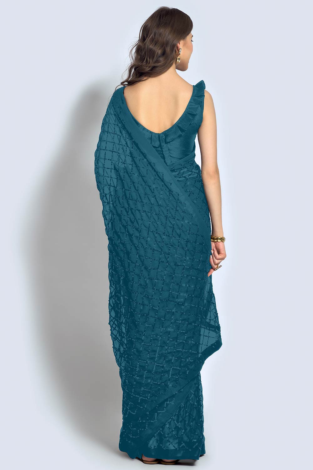 Huda Teal Georgette Sequin One Minute Saree