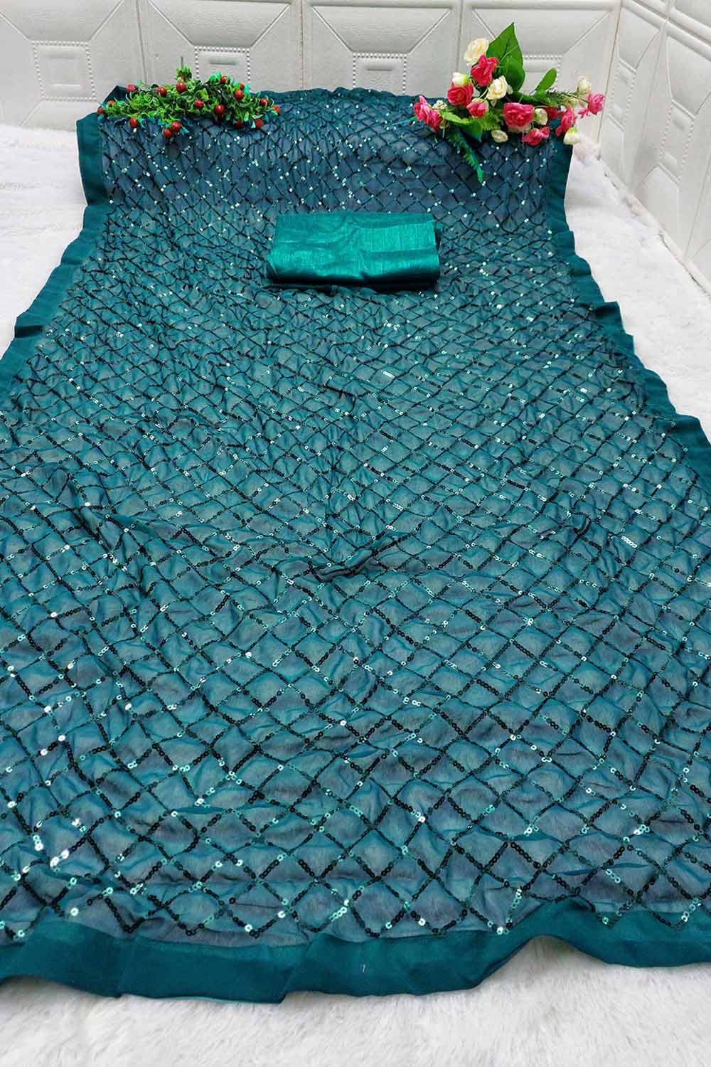 Huda Teal Georgette Sequins Ready to Wear One Minute Saree