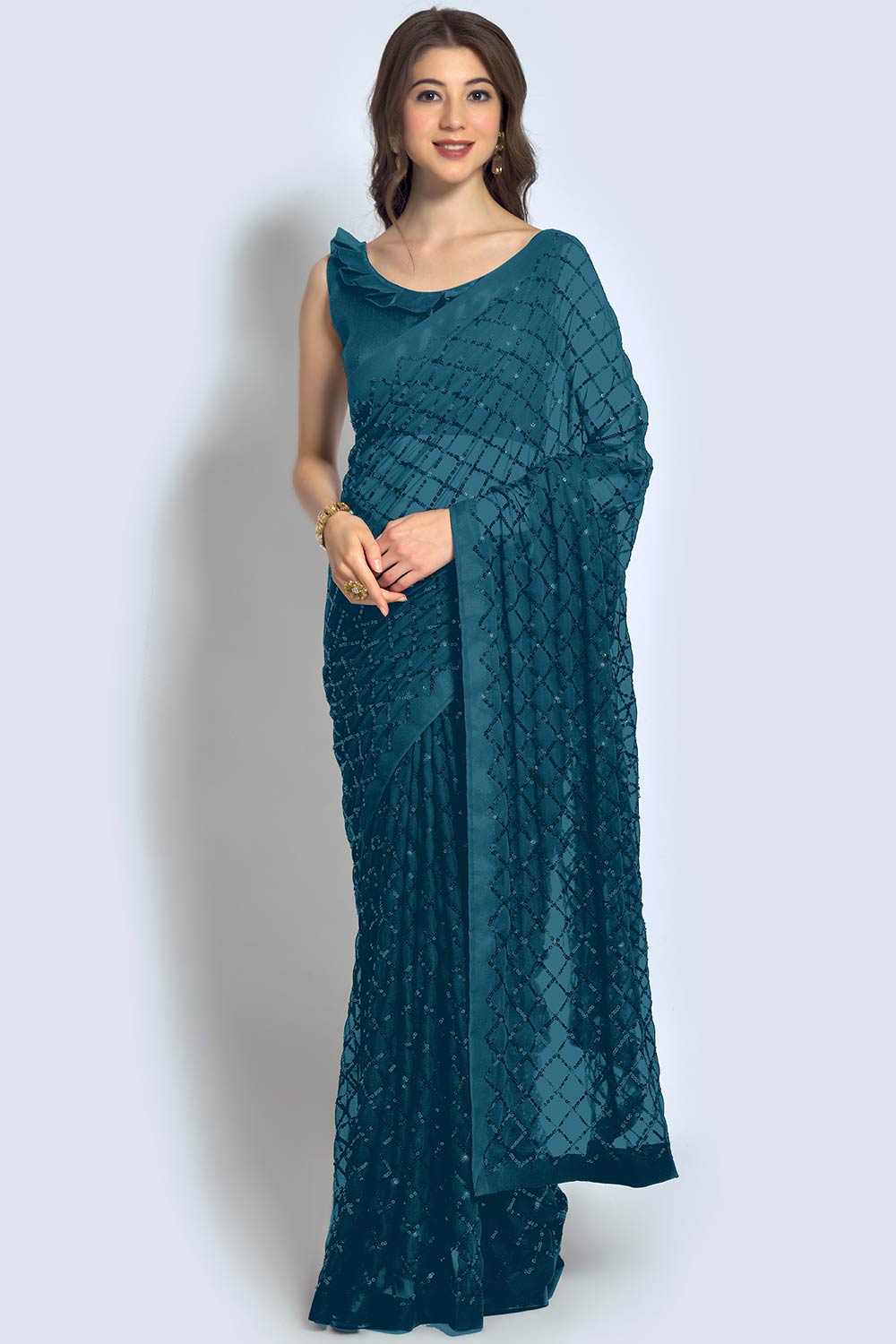 Huda Teal Georgette Sequin One Minute Saree
