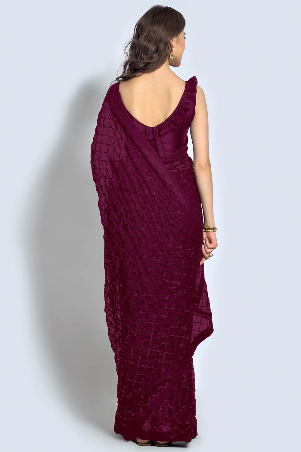 Huda Wine Georgette Sequin One Minute Saree