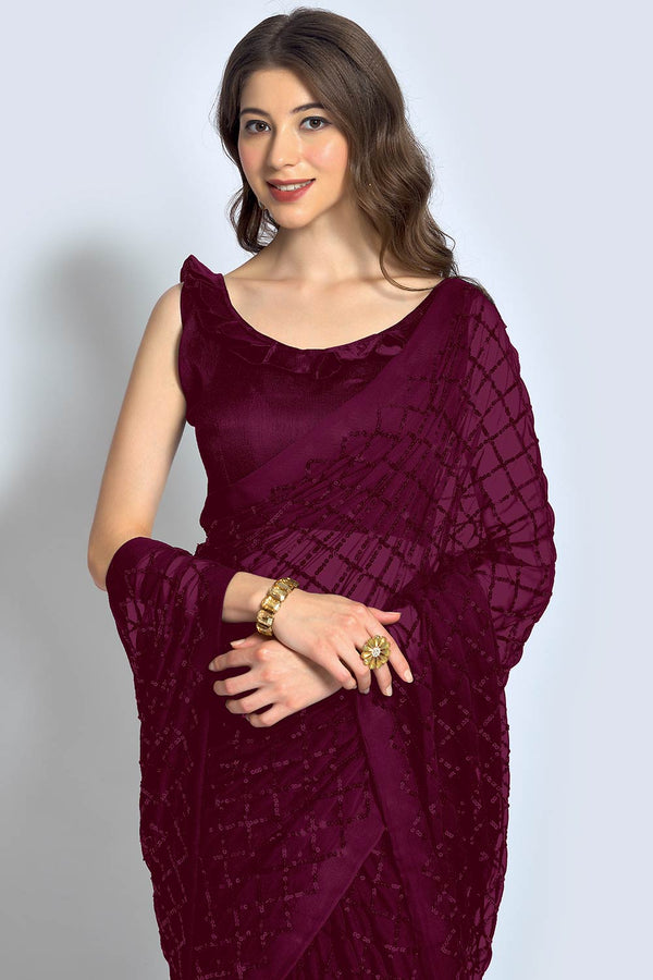 Huda Wine Georgette Sequin One Minute Saree