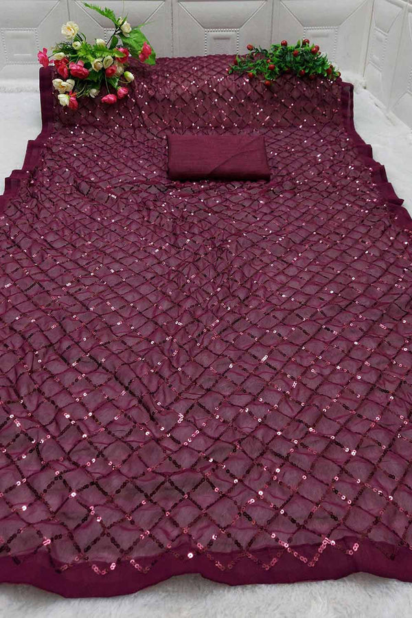 Huda Wine Georgette Sequin One Minute Saree
