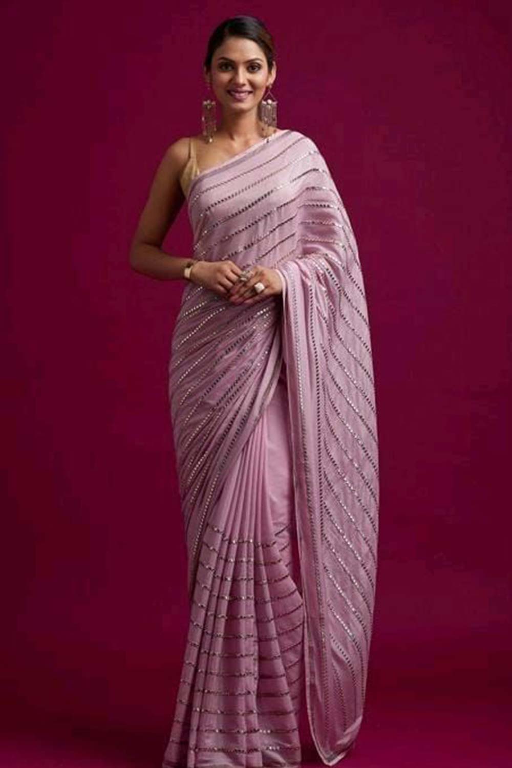 Wendy Pink Georgette Mirror Sequence One Minute Saree