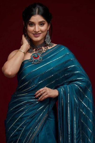 Nagma Teal Blue Georgette Mirror Sequence One Minute Saree