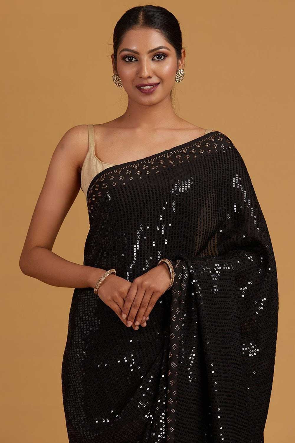 Janvi Black Georgette Sequin One Minute Saree