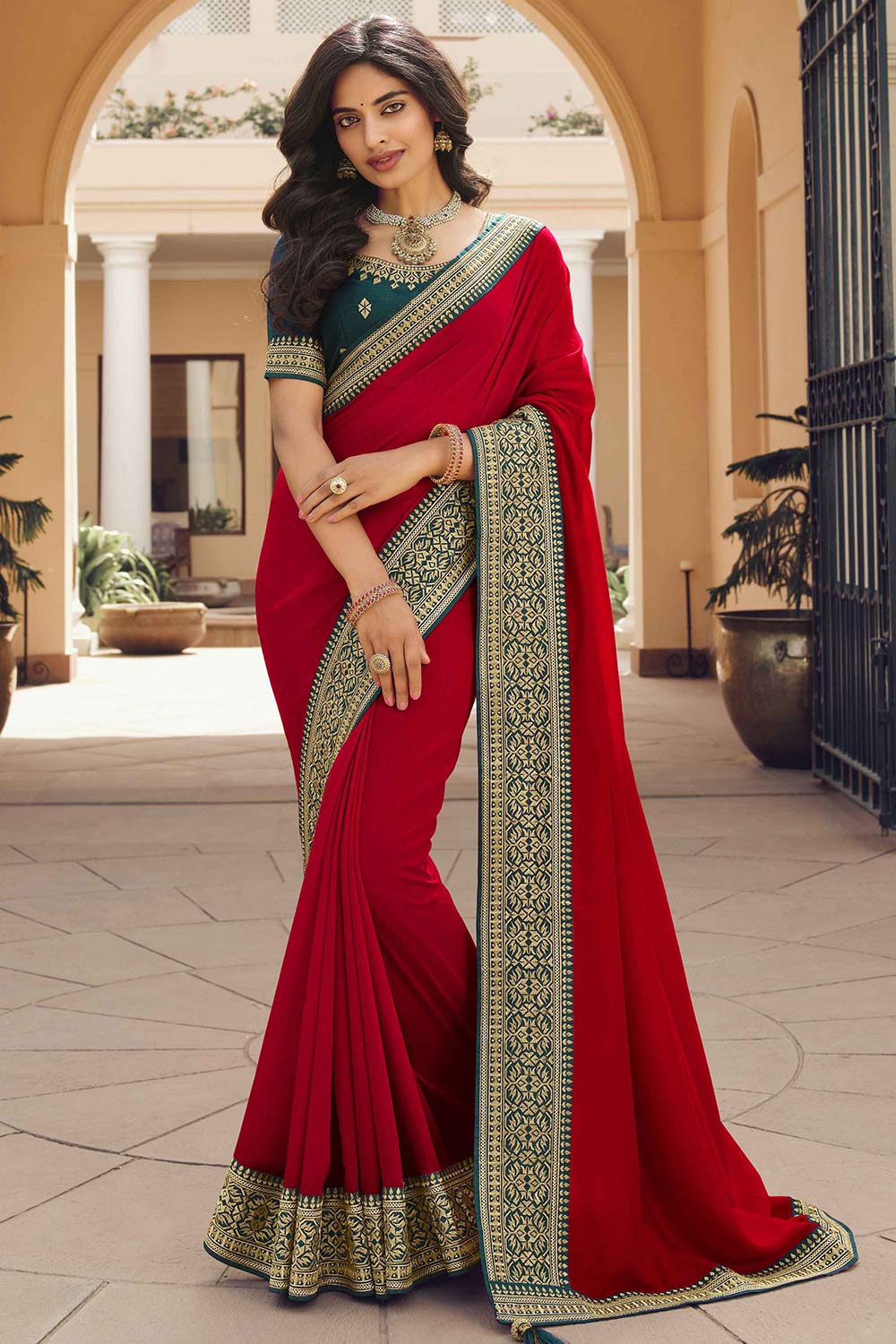 Ulia Crimson Red Vichitra Silk Zari Embroidery Work One Minute Saree