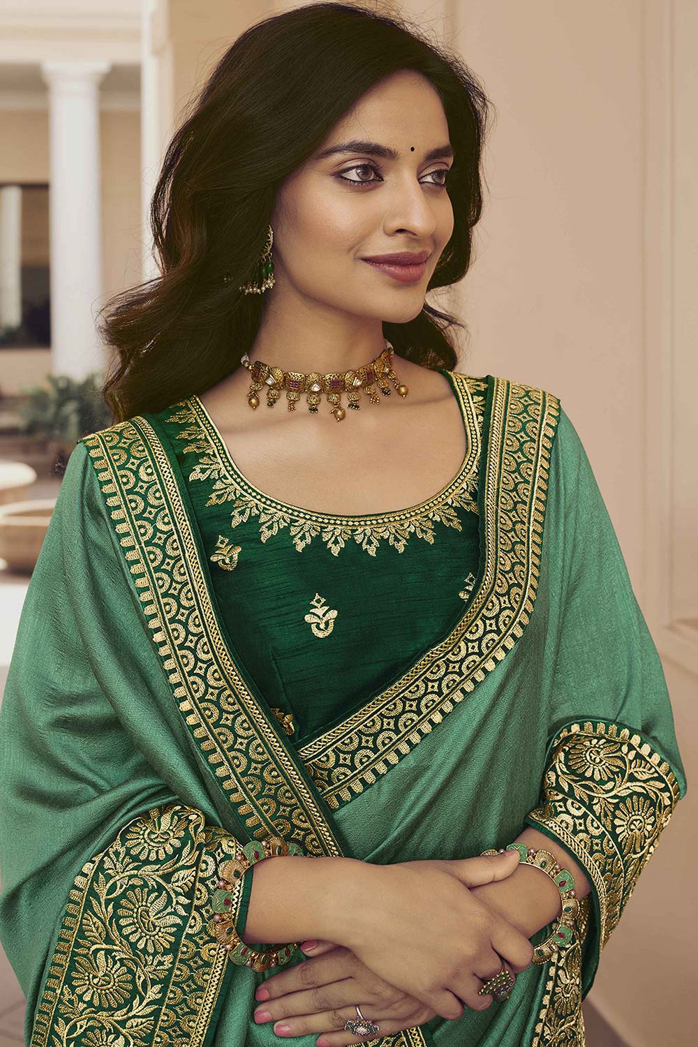 Leanne Light Green Vichitra Silk Zari Embroidered One Minute Saree