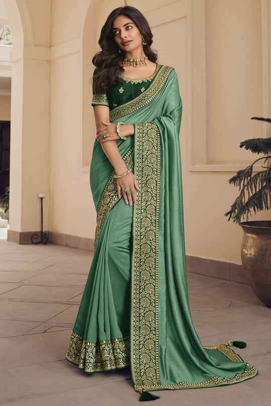 Leanne Light Green Vichitra Silk Zari Embroidered One Minute Saree