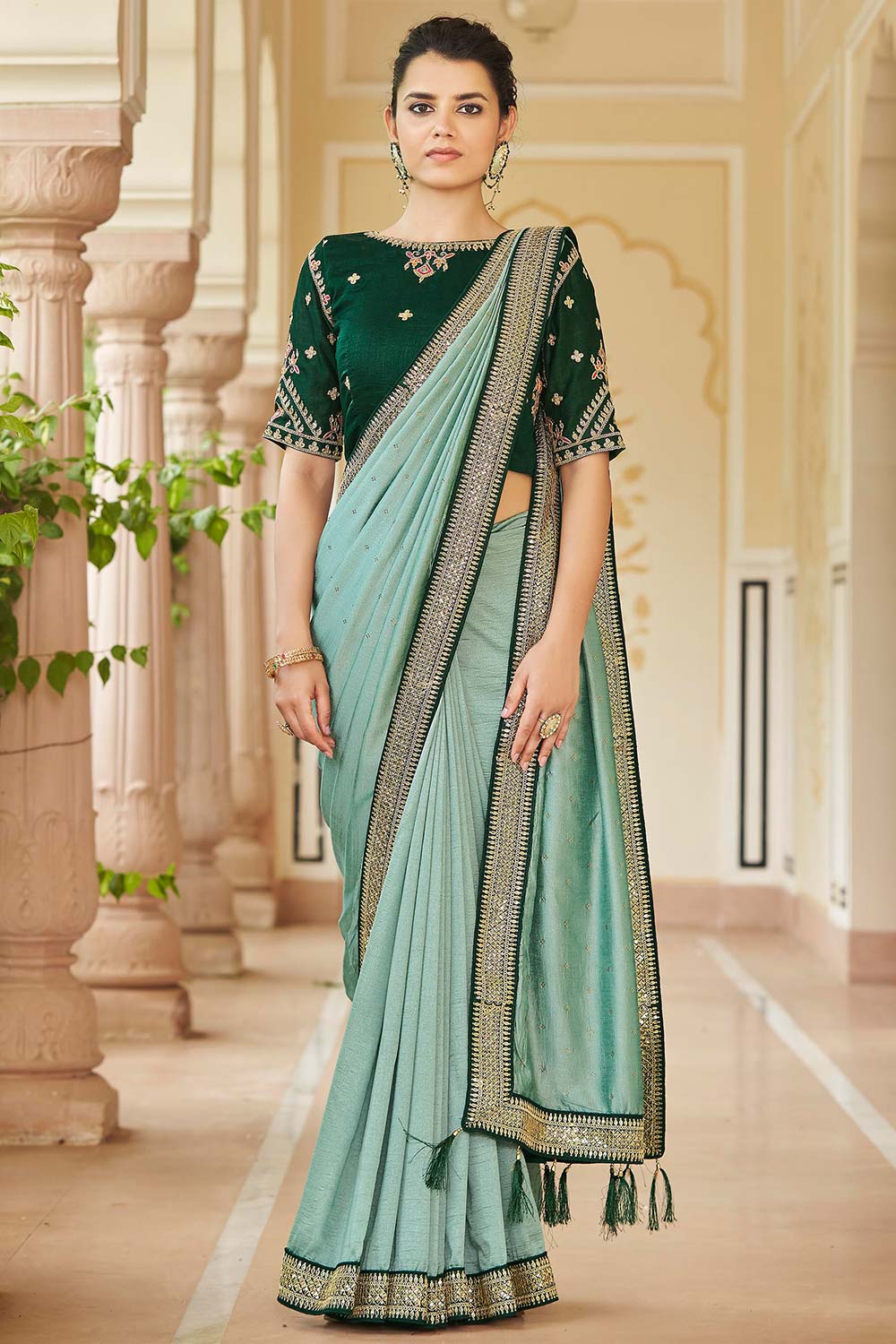 Nadia Pista Vichitra Silk Sequins Embroidery & Crystal One Minute Saree