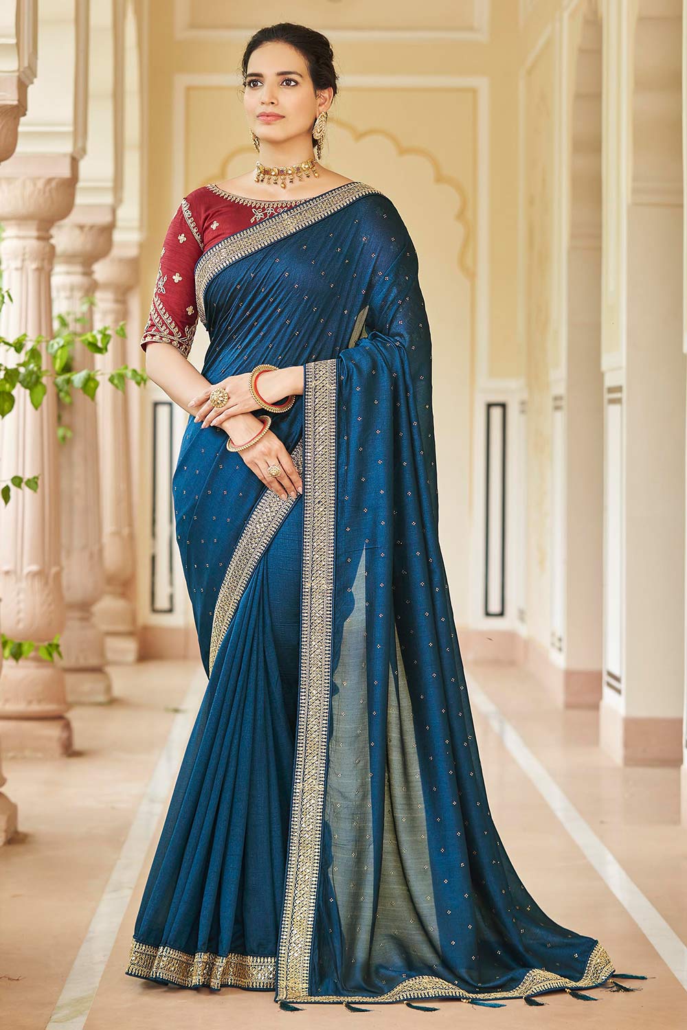 Tori Teal Blue Vichitra Silk Sequins & Crystal Work One Minute Saree