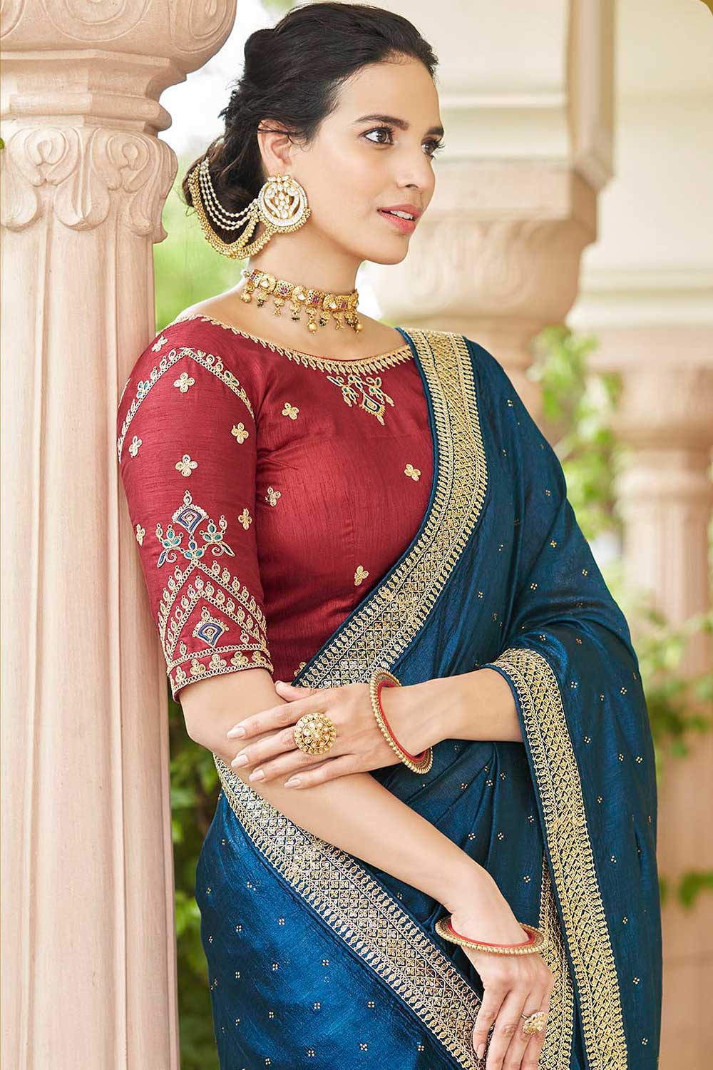 Tori Teal Vichitra Silk Sequins Ready to Wear One Minute Saree