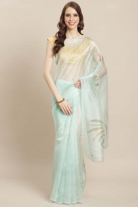 Suri Sky Blue Organza Printed One Minute Saree