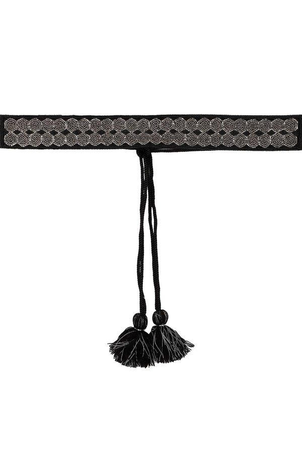 Honeycomb Bead Work Saree Belt in Black & Silver
