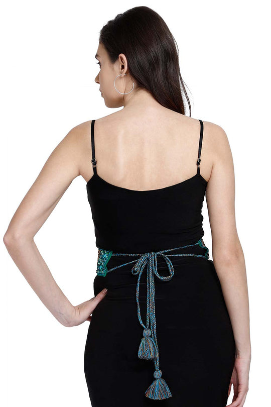 Floral Embellished Saree Belt in Parrot Green & Multi