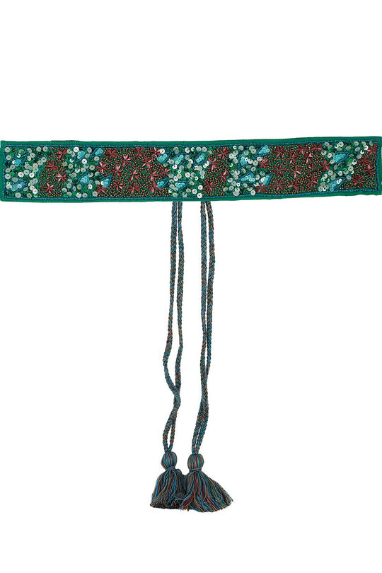 Floral Embellished Saree Belt in Parrot Green & Multi
