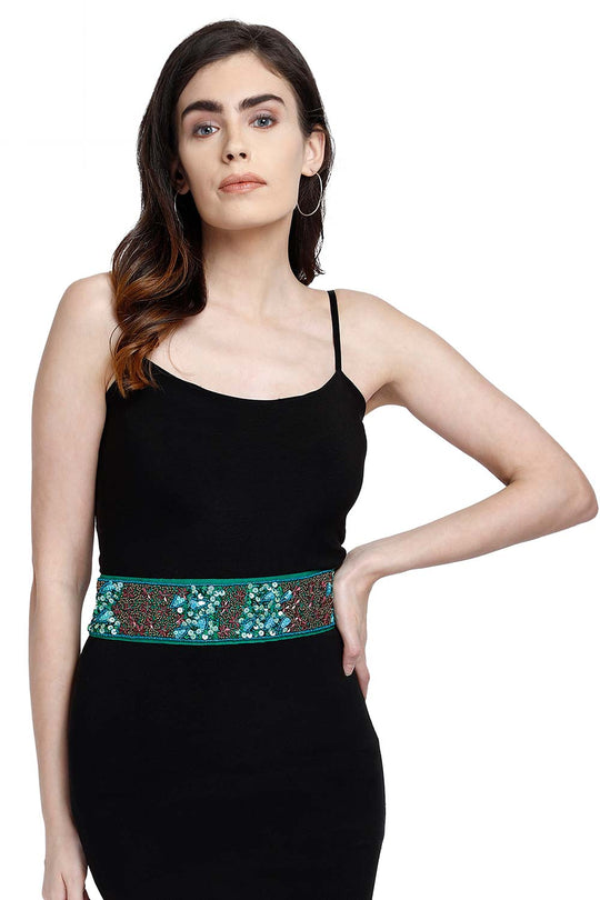 Buy Floral Embellished Waist Belt in Parrot Green & Multi Online