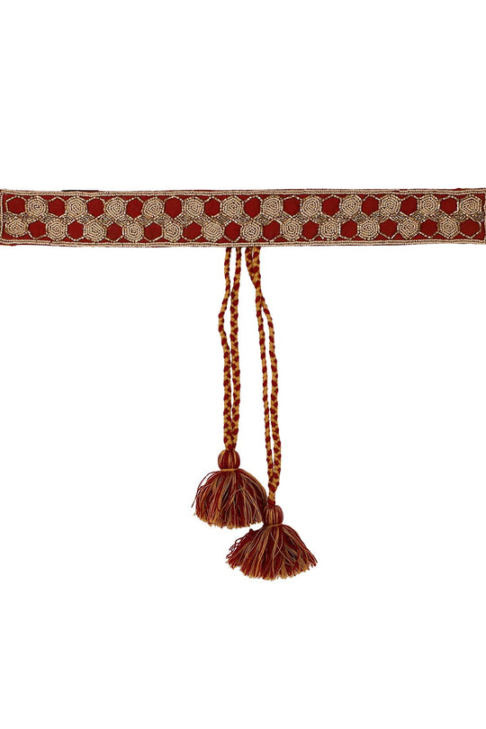 Honeycomb Bead Work Saree Belt in Burgundy & Gold