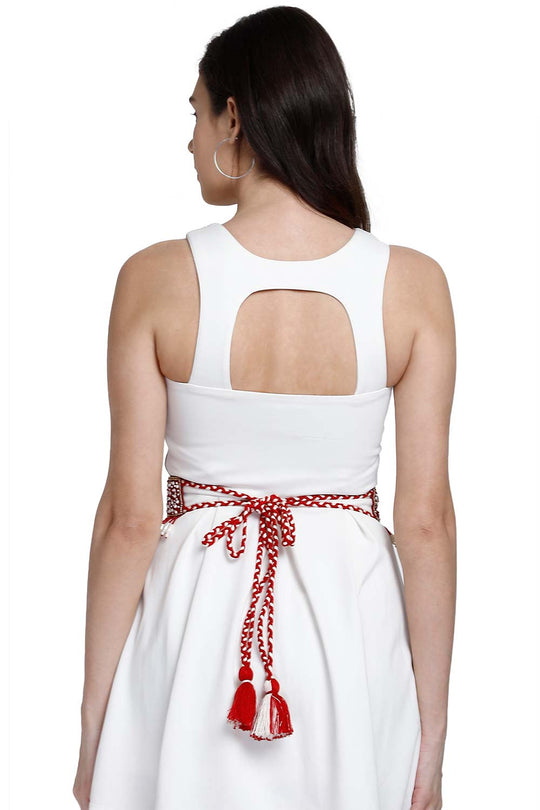 Tasseled with Bead Work Saree Belt in Red & White