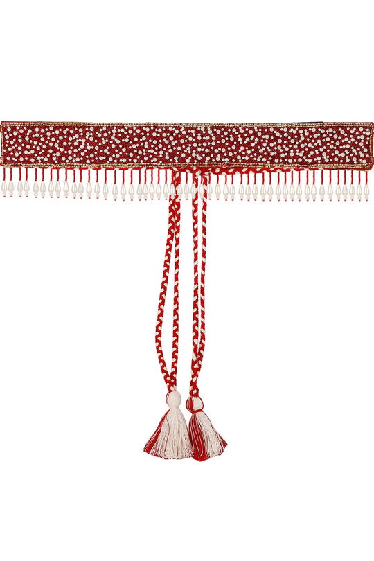 Tasseled with Bead Work Saree Belt in Red & White