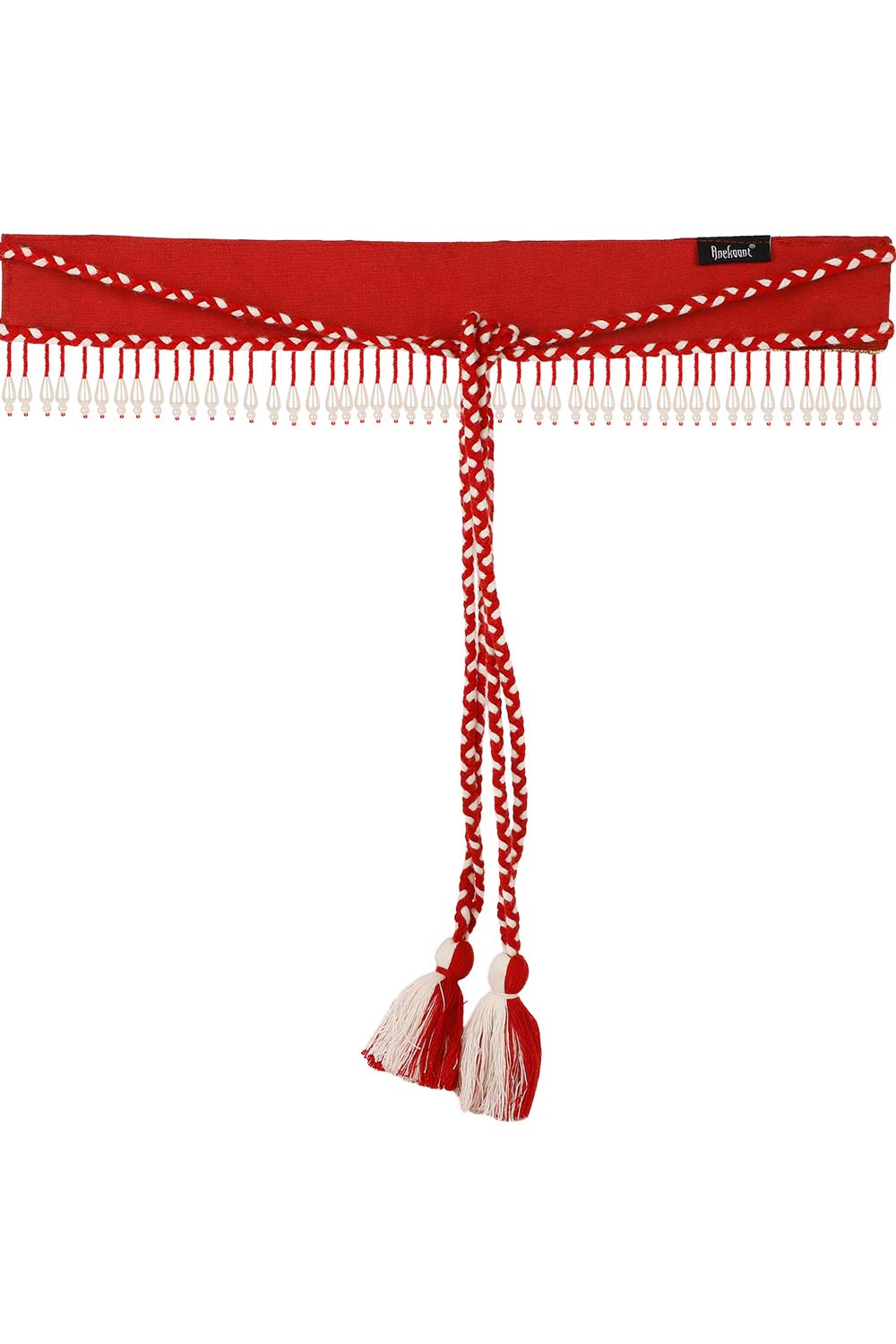 Tasseled with Bead Work Saree Belt in Red & White