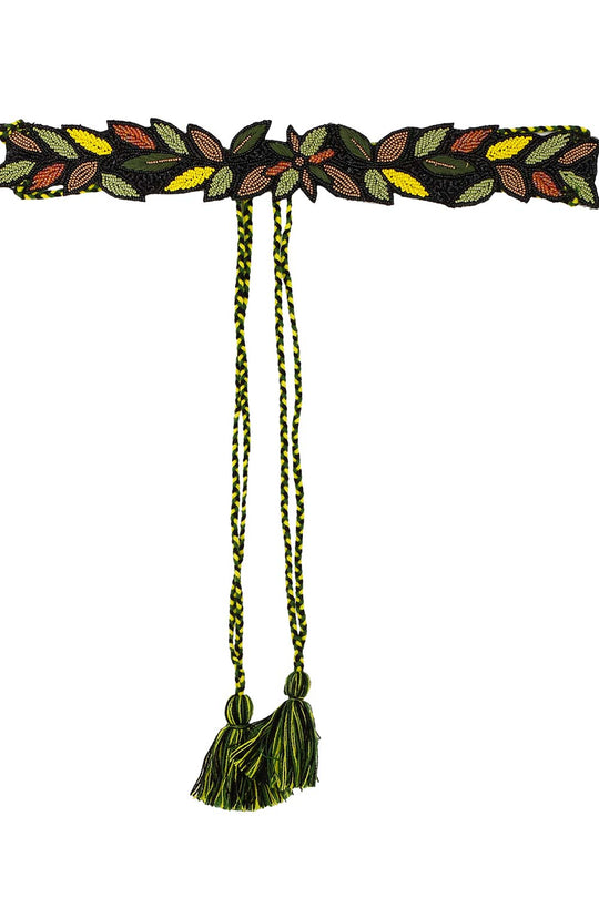 Botanical Bead Work Saree Belt in Green & Multi