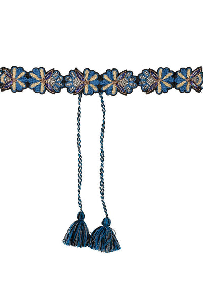 Floral Bead Work Saree Belt in Blue & Multi