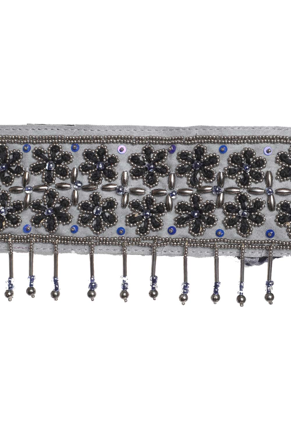 Floral Bead Work Saree Belt in Grey & Black
